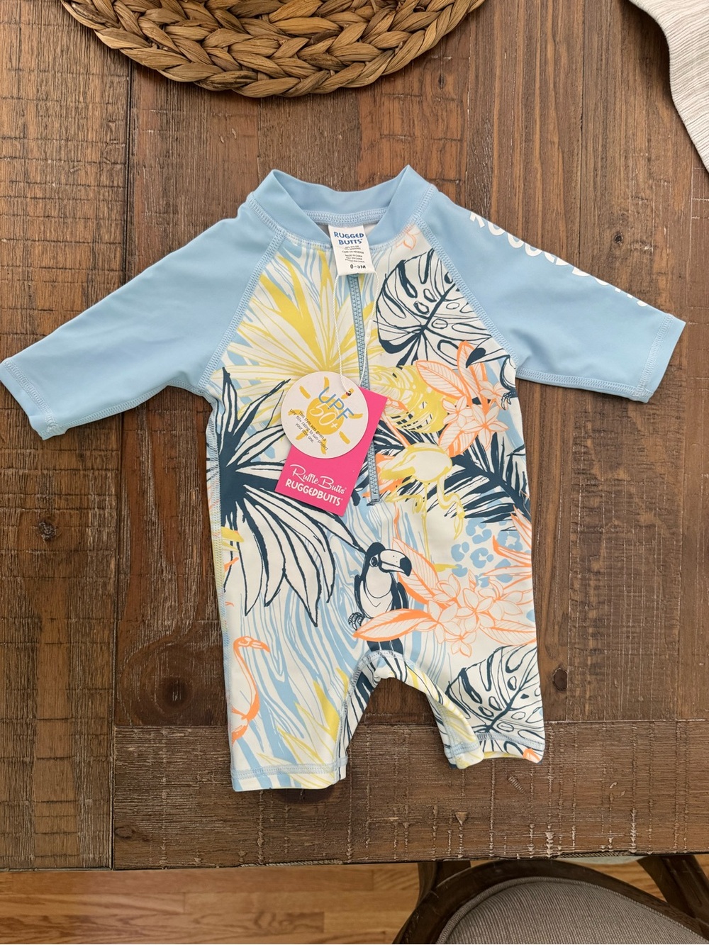 Ruffle Butts Light Blue Tropical Print Kids Rashguard Sunsuit